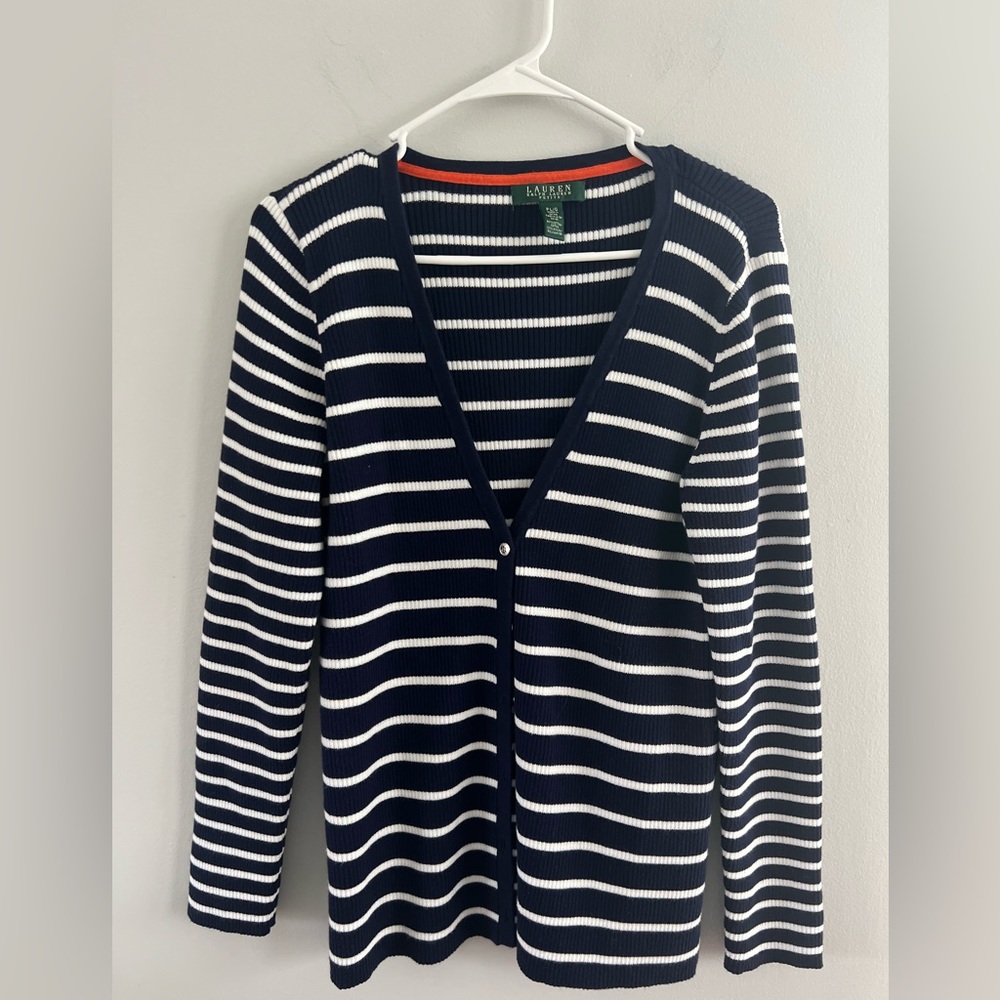 Lauren Ralph Lauren Sweater Womens Medium Blue White Stripe Cardigan Logo Button